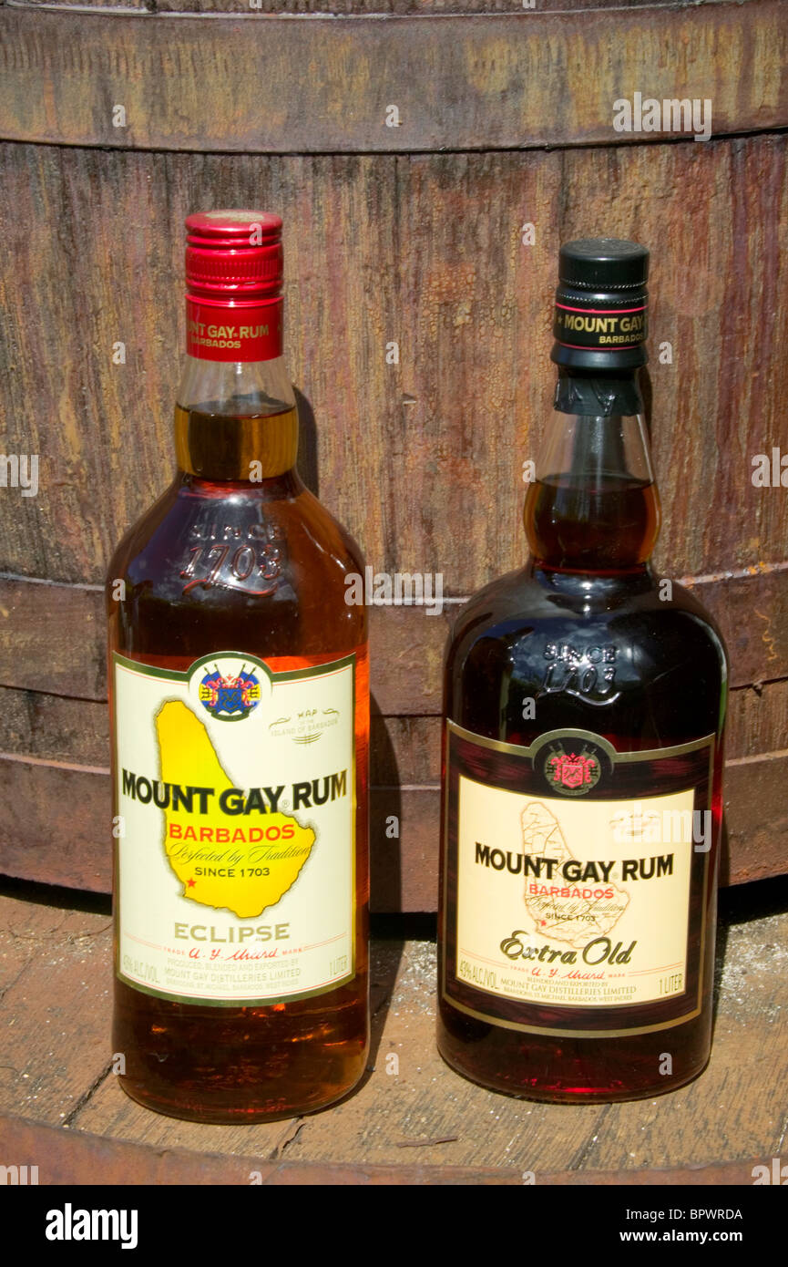 Two bottles of rum at Mount Gay Rum visitor centre in Bridgetown in Barbados in the Caribbean Islands Stock Photo