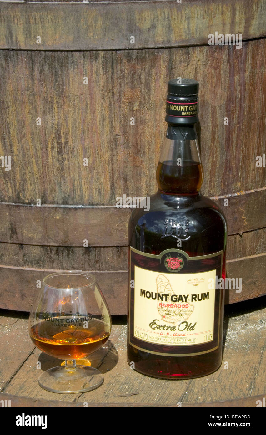 A bottle and a glass of rum at Mount Gay Rum visitor centre in Bridgetown Stock Photo