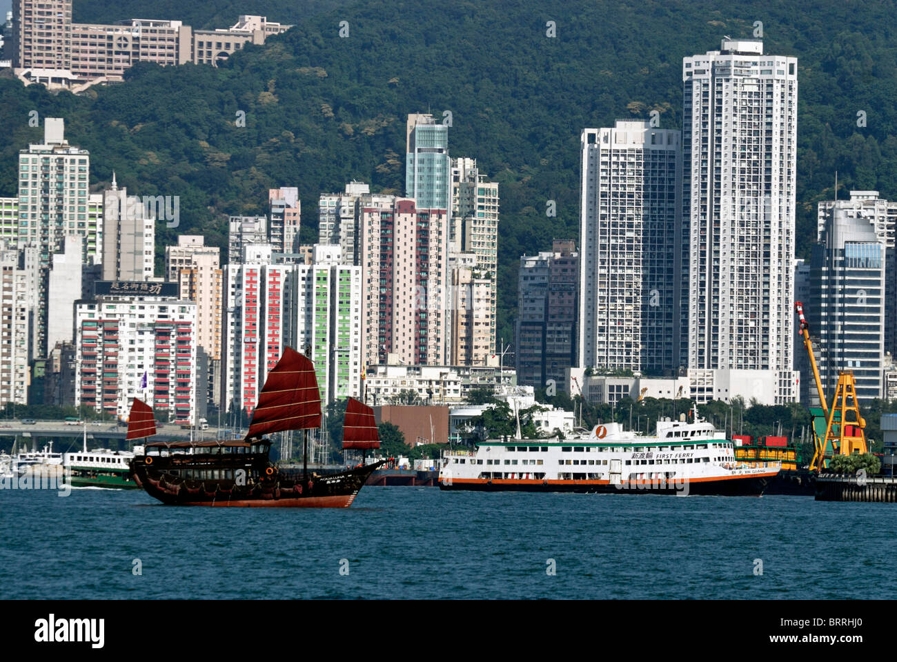 Chinese junk in Victoria Harbour,Hong Kong Stock Photo