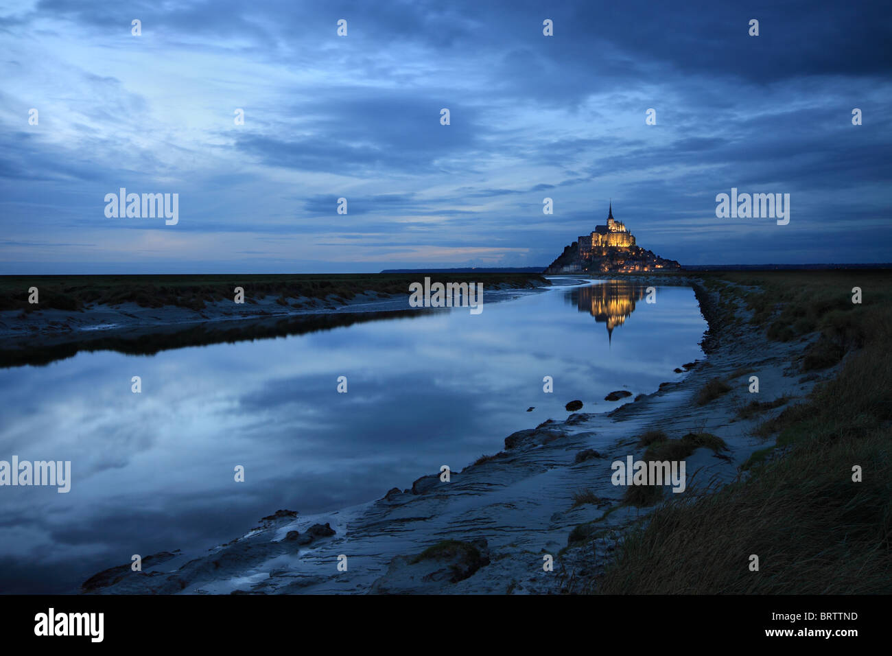 An evening view of Mont Saint Michel, the famous tidal island in Normandy, northern France Stock Photo