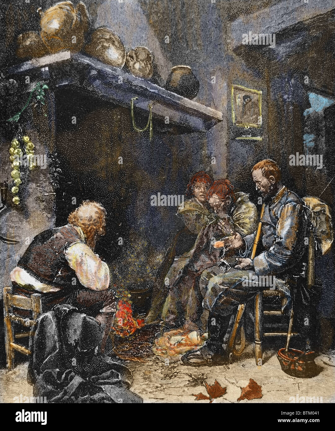 Poor family at home. Early nineteenth century. Colored engraving. Stock Photo