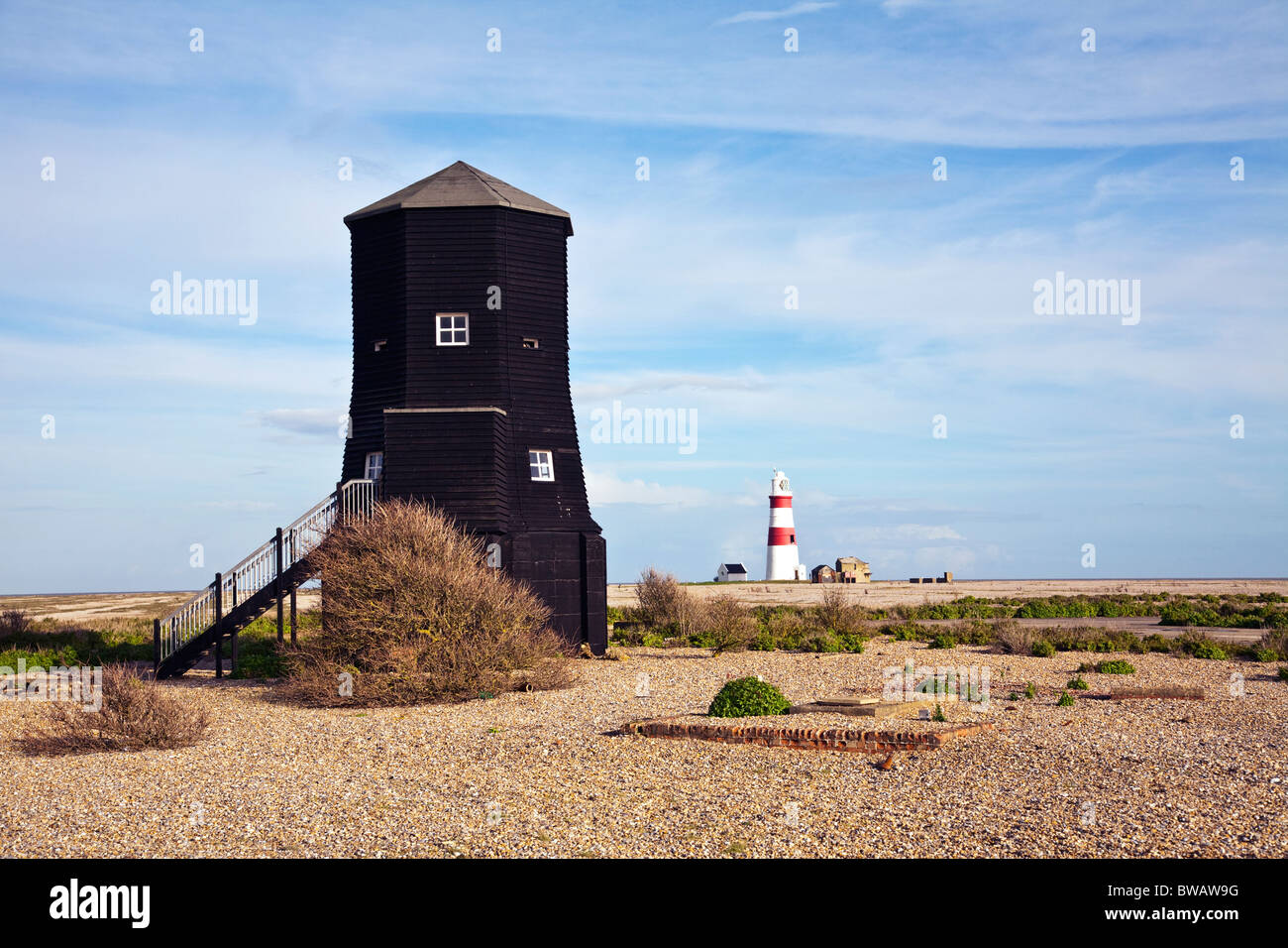 Orford Ness Black Beacon and Lighthouse Stock Photo