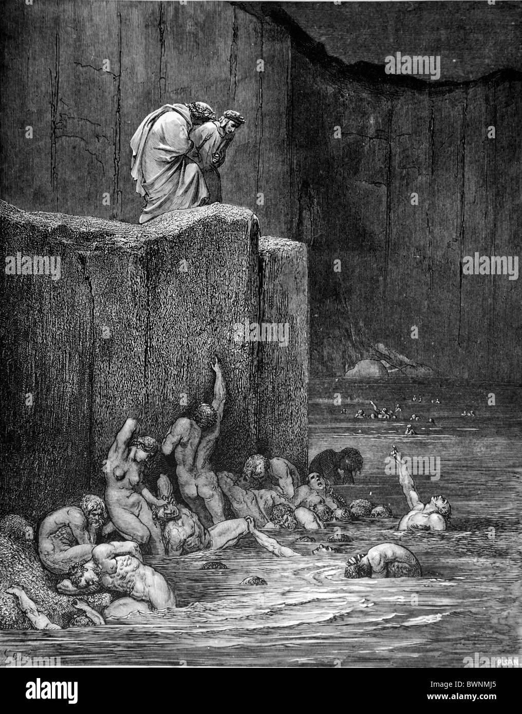 Gustave Doré; The Punishment of Flatterers from Dante Alighieri's Divine Comedy; Black and White Engraving Stock Photo