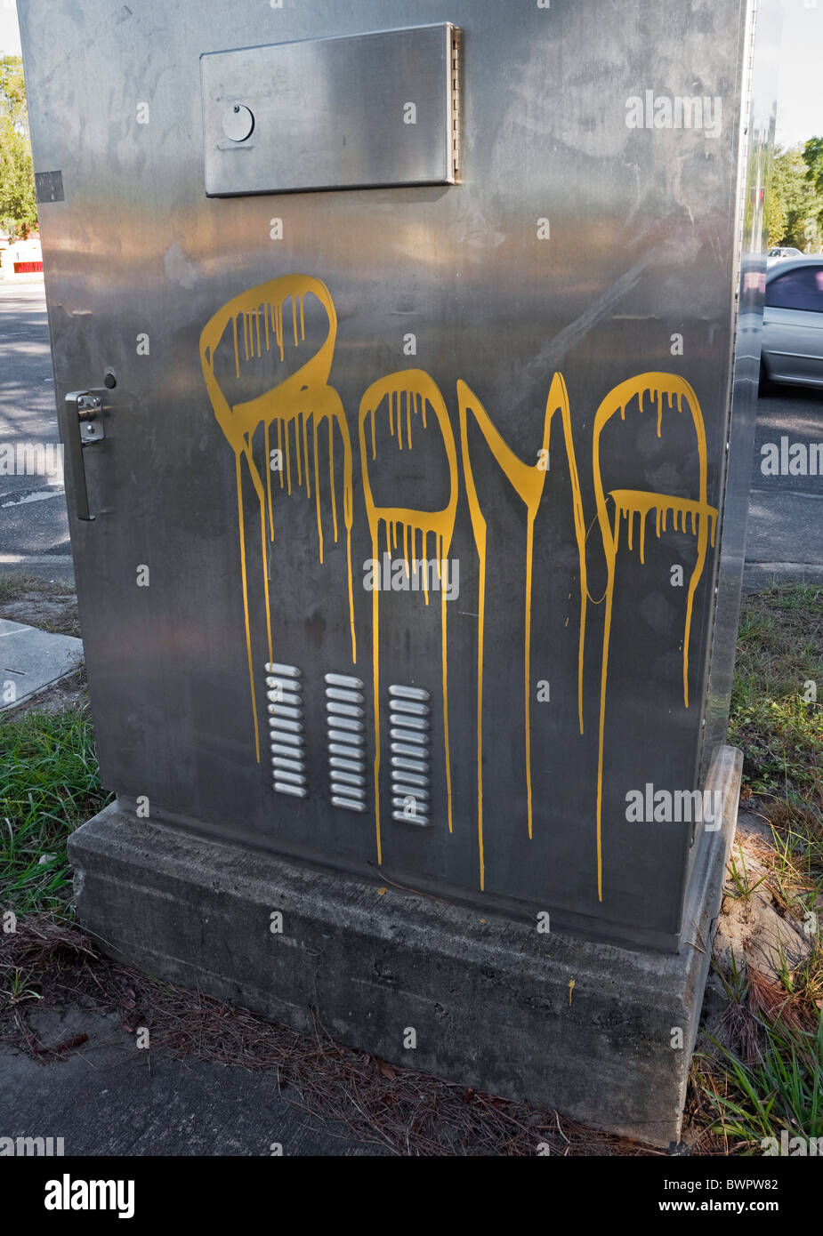 ROMA tagging graffiti on roadside power box Gainesville Florida Stock Photo