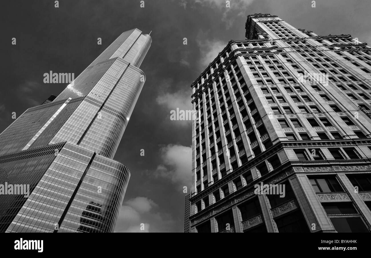 Black and white, view of the Trump International Tower, Wrigley Building, Chicago, Illinois, United States of America, USA Stock Photo