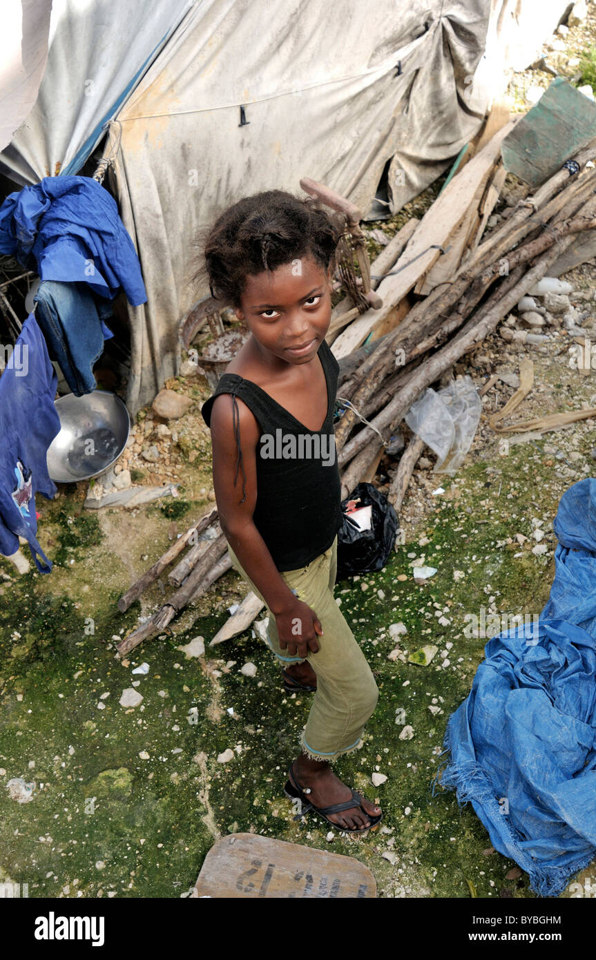 Girl in a camp for victims of the earthquake in January 2010, Bizozon district, Port-au-Prince, Haiti, Caribbean Stock Photo