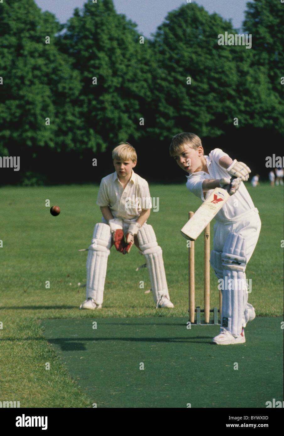 schoolboys playing cricket Stock Photo