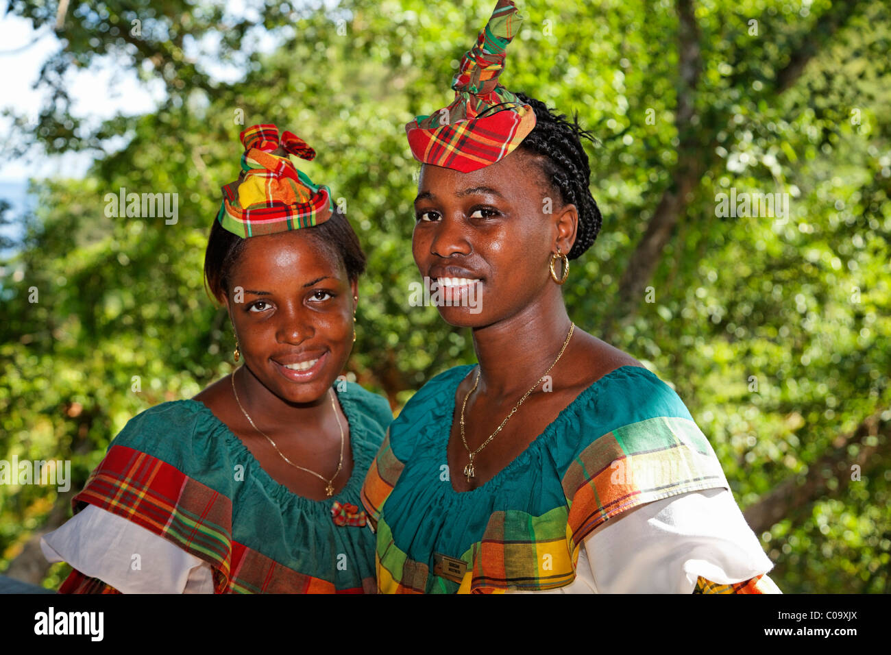 Waitresses in traditional garb, Saint Lucian, Luxury Hotel Anse Chastanet Resort, LCA, St. Lucia, Saint Lucia Stock Photo