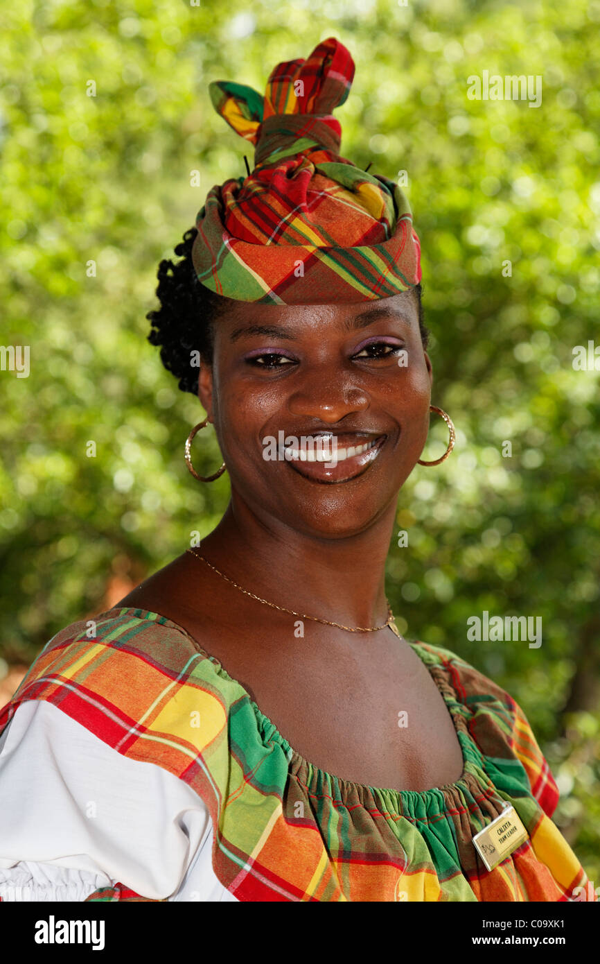 Waitress in traditional garb, Saint Lucian, Luxury Hotel Anse Chastanet Resort, LCA, St. Lucia, Saint Lucia Stock Photo