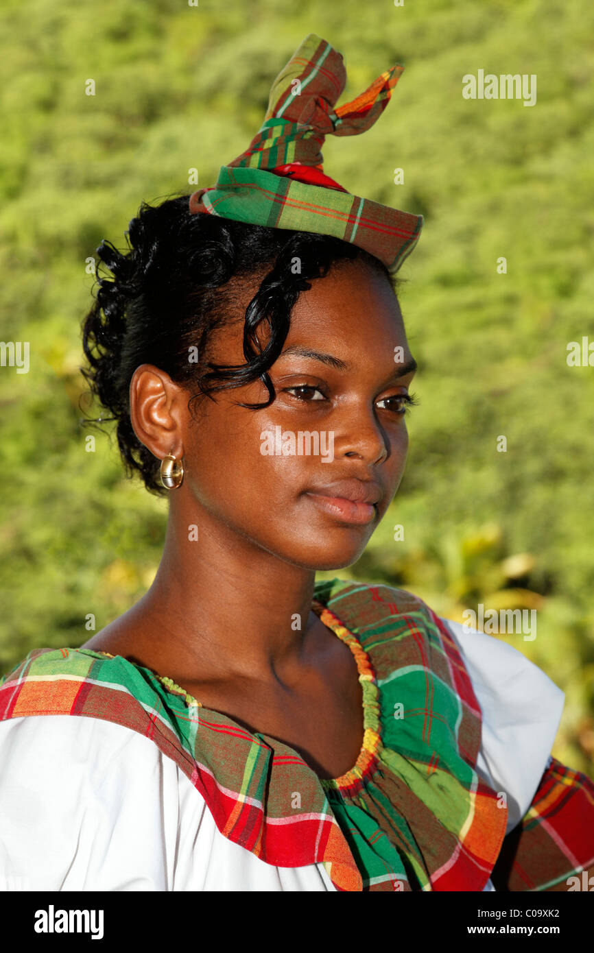 Waitress in traditional garb, Saint Lucian, Luxury Hotel Anse Chastanet Resort, LCA, St. Lucia, Saint Lucia Stock Photo