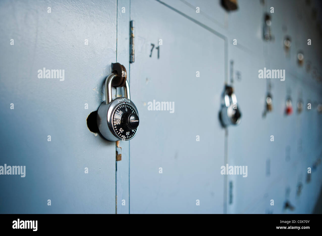 School lockers with padlocks. Stock Photo