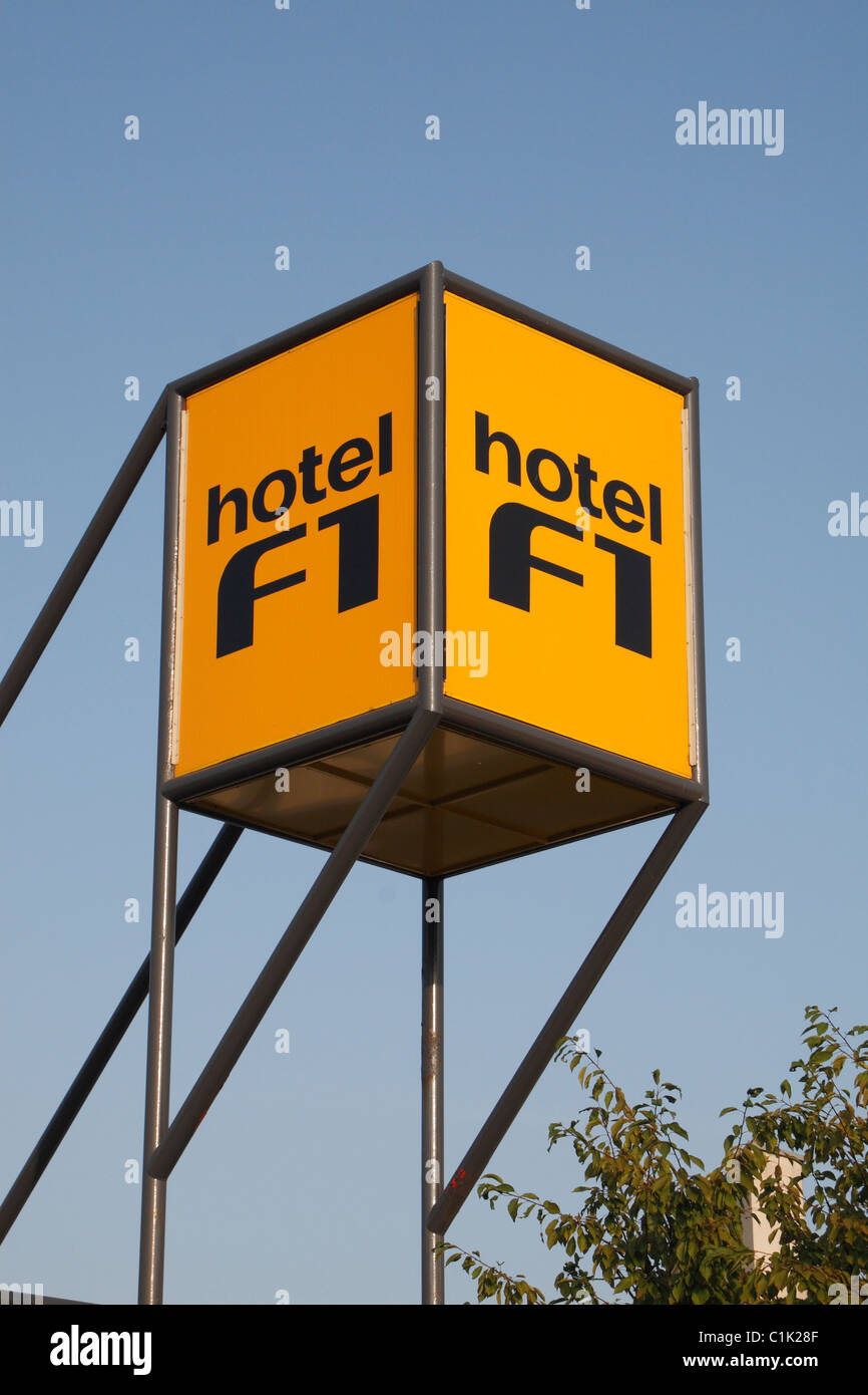 Advertising brand sign above the Hotel F1 Lille Bailleul budget hotel in Bailleul, France. Stock Photo