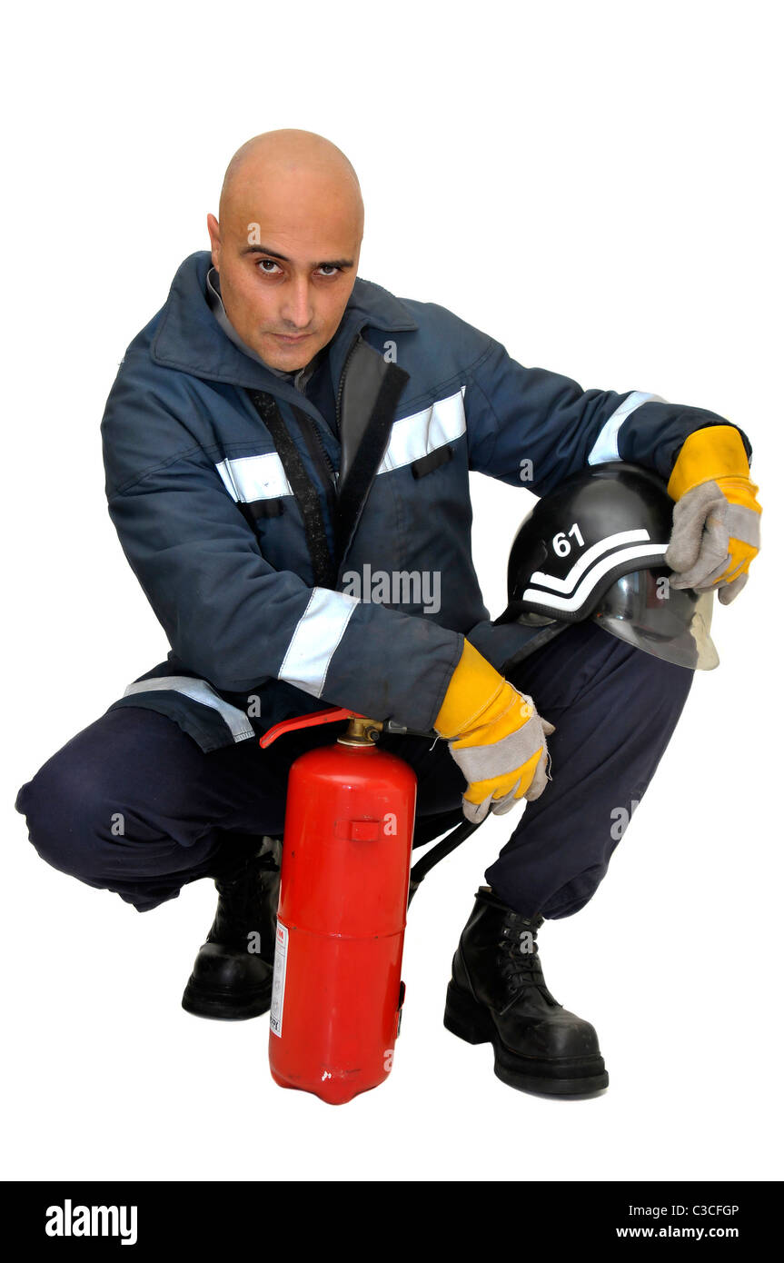 Fireman in uniform isolated in white Stock Photo