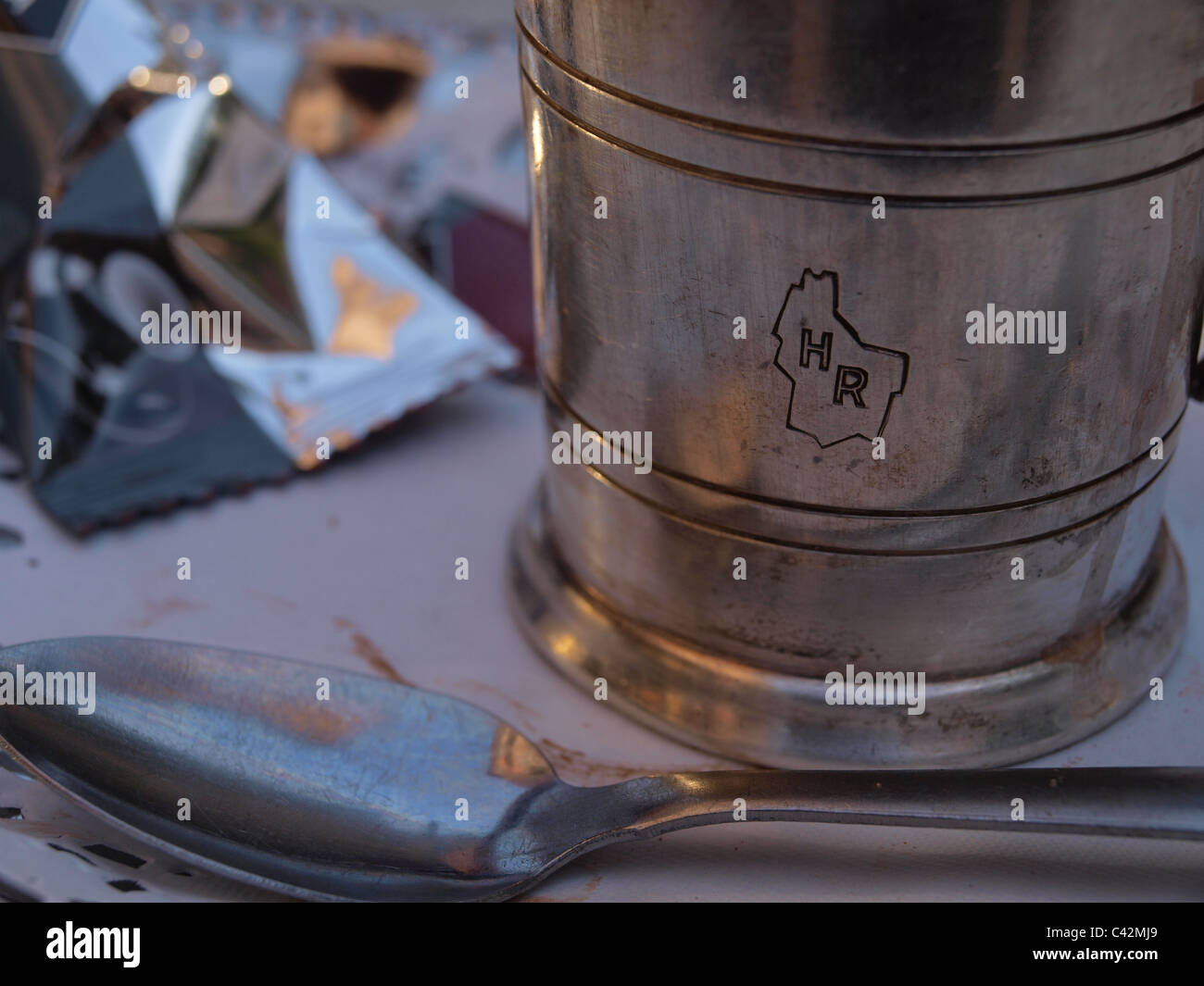 Hot chocolate mug in Echternach, Luxembourg with a small outline of the country Stock Photo