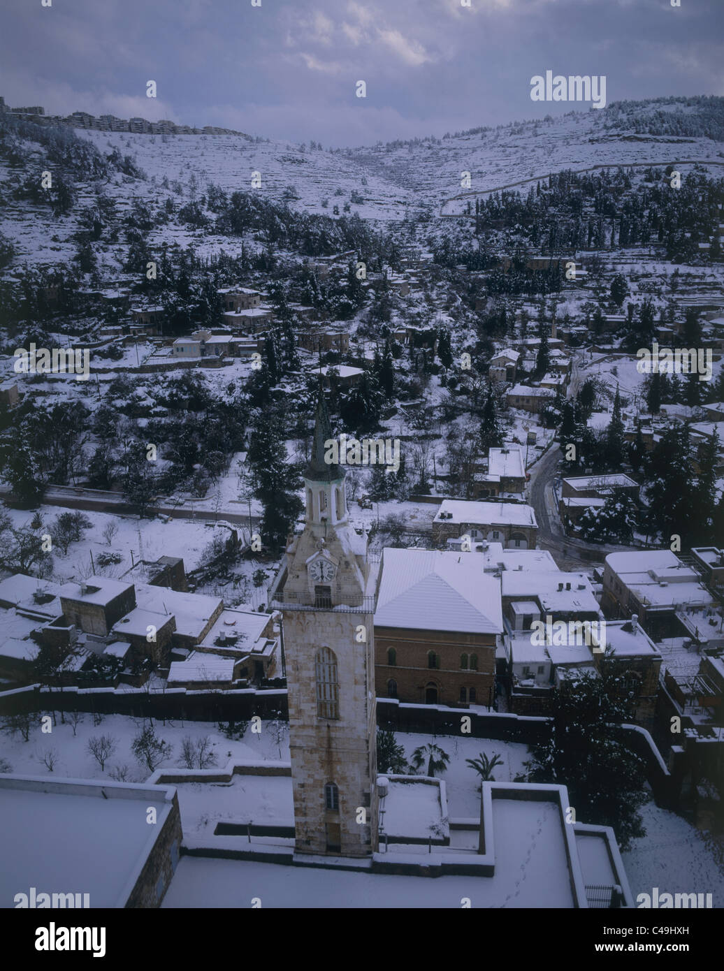 Aerial photograph of the church of Saint John the Baptist in Ein Karem at winter Stock Photo