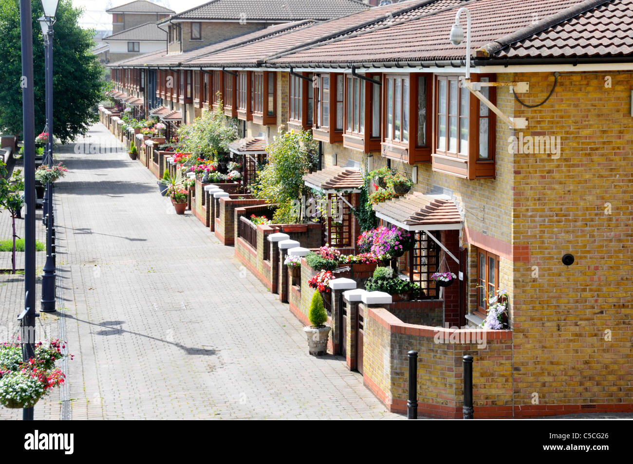 Modern terraced housing in East London with small front garden opening onto wide canal side pedestrian walkway England UK Stock Photo