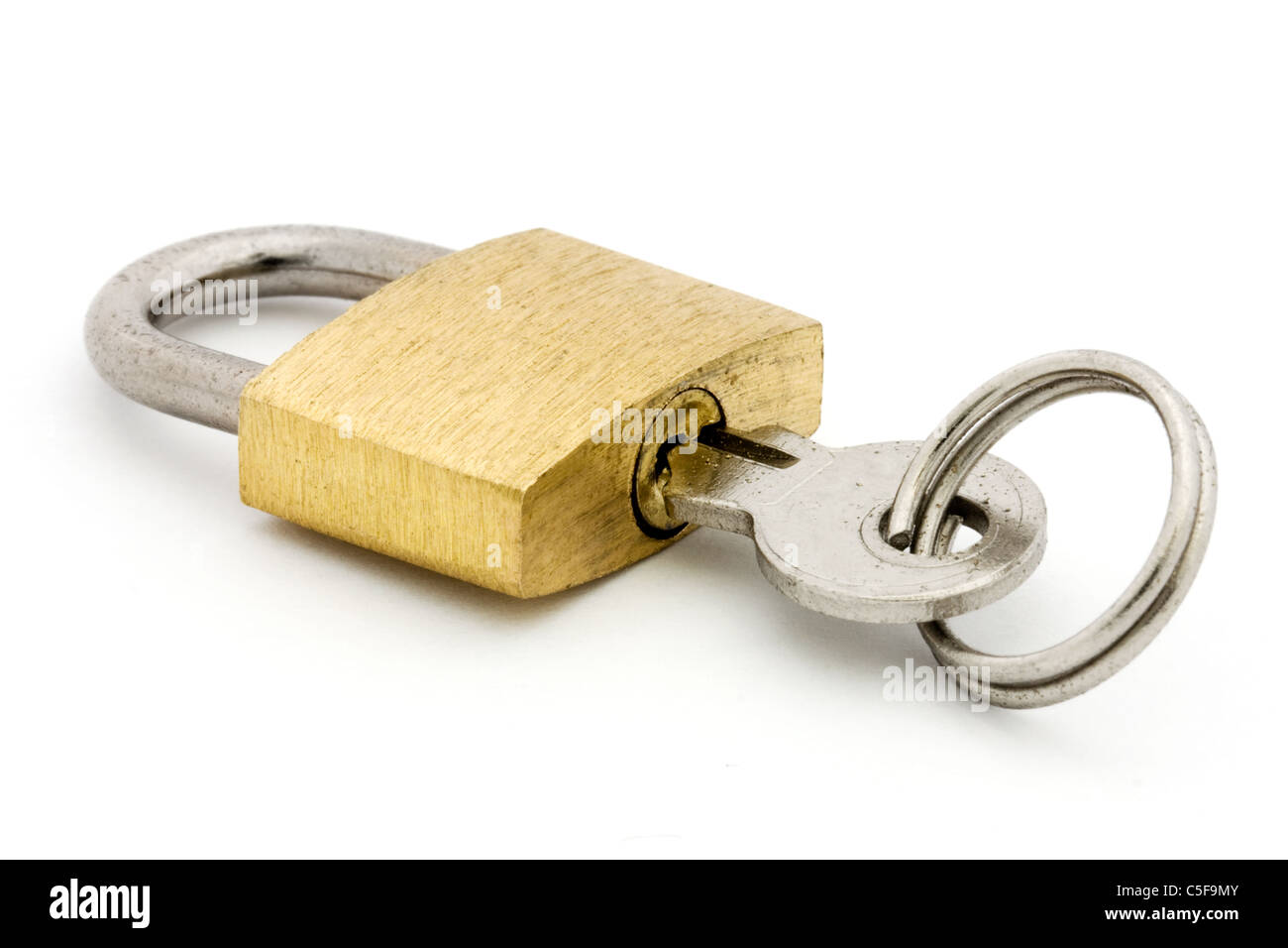 Padlock and key over white Stock Photo