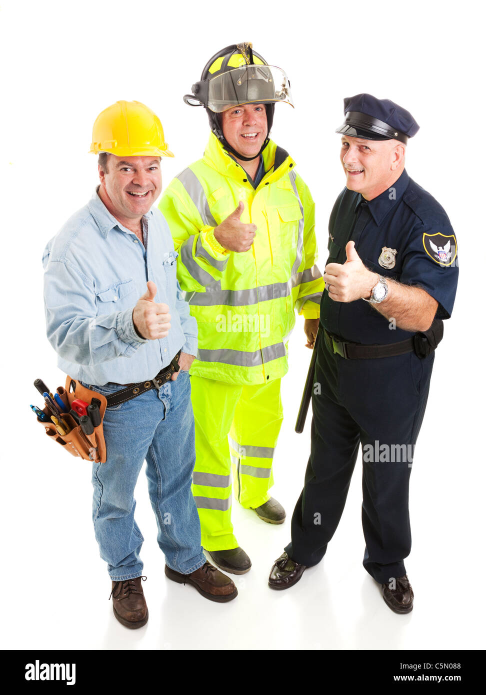 Group of blue collar workers - construction worker, fireman, police officer - giving thumbsup sign. Full body isolated.  Stock Photo