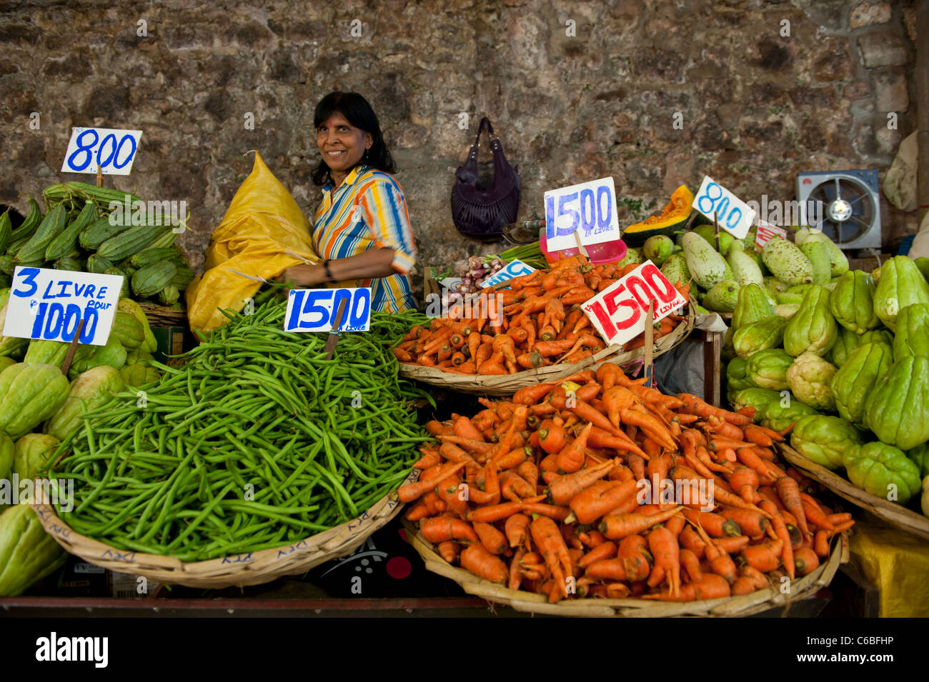 Fruit and Vegetable Market Stall in Central Market, Port Louis, Mauritius Stock Photo