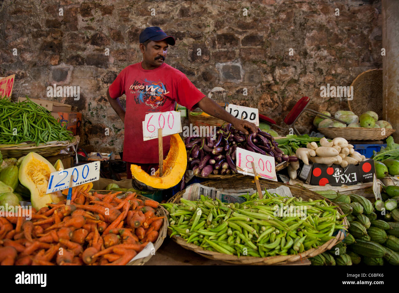 Fruit and Vegetable Market Stall in Central Market, Port Louis, Mauritius Stock Photo