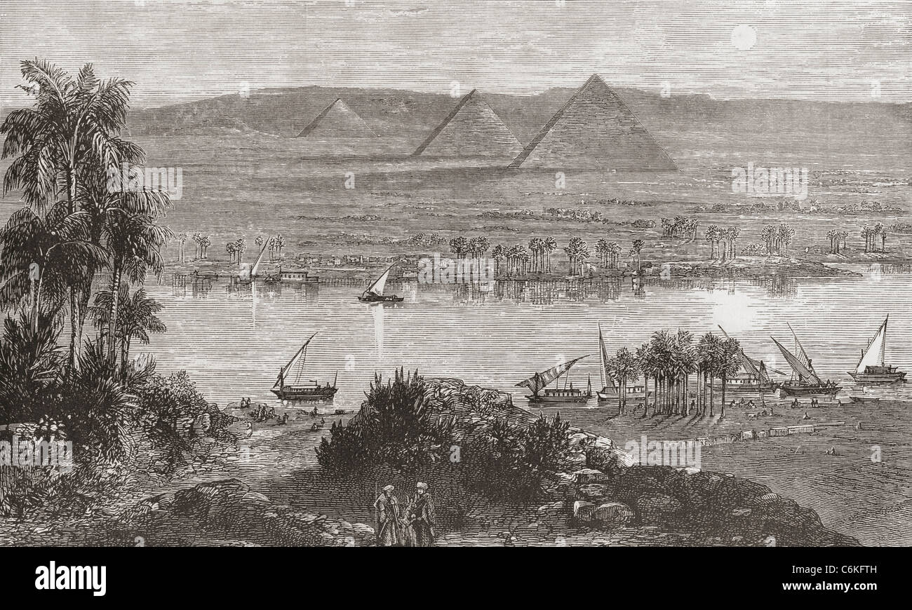 The Great Pyramids of Gizeh, Egypt from the east bank of the Nile in the 19th century. Stock Photo