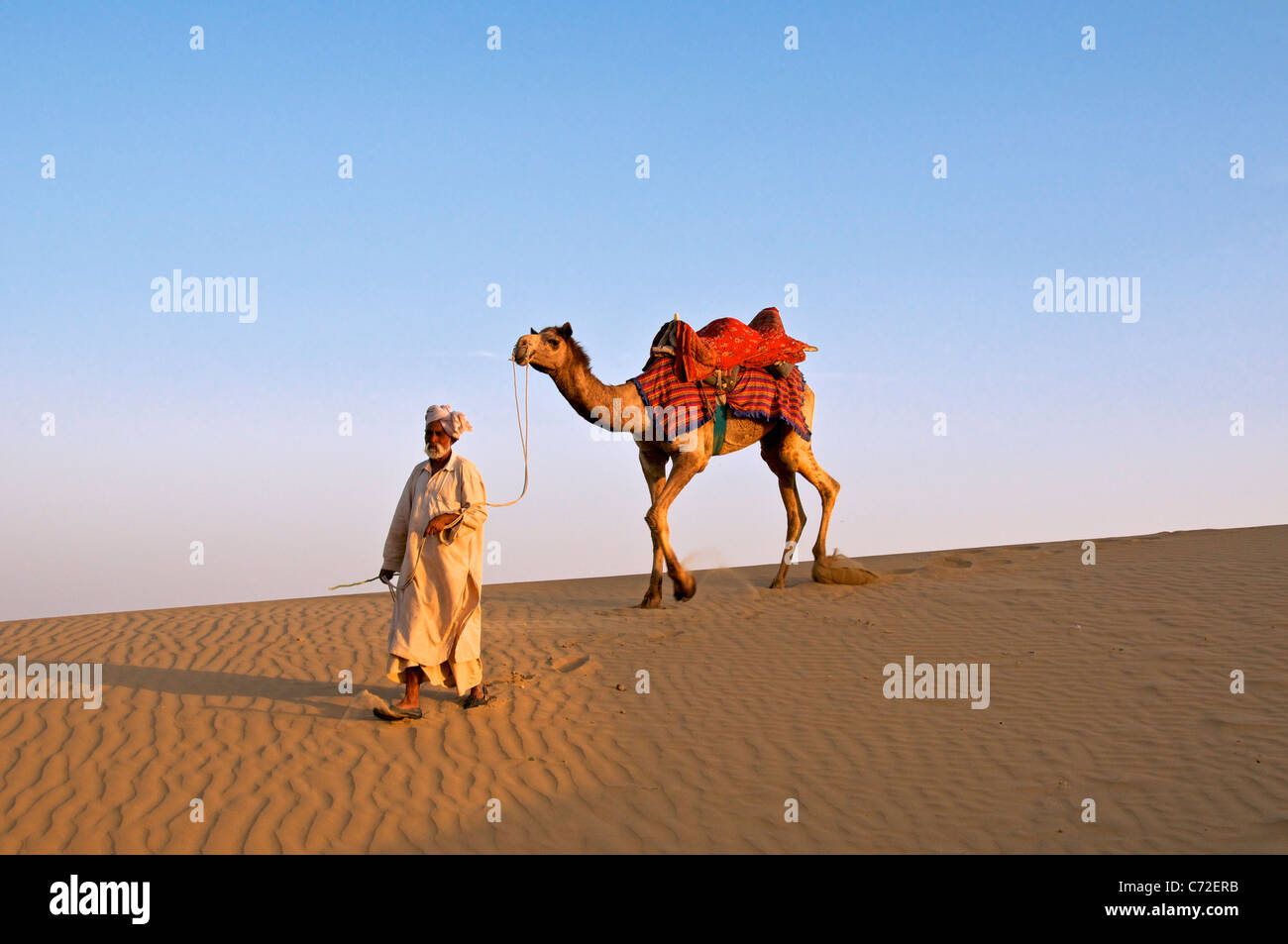 Man and camel at sunset Sam Dunes Desert National Park Western Rajasthan India Stock Photo