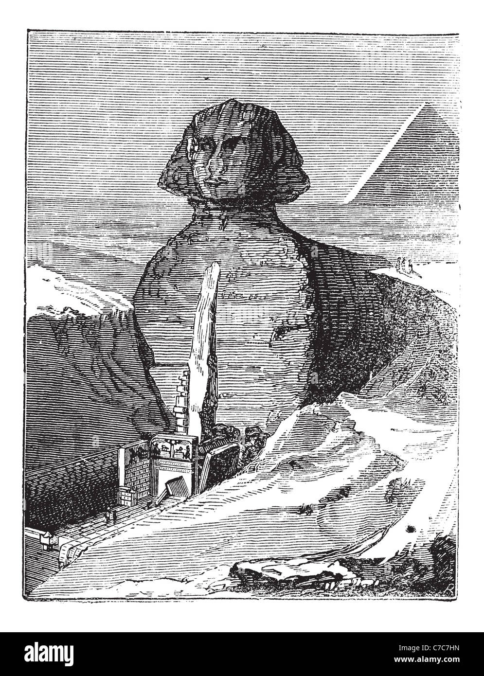 Great Sphinx of Giza in Giza, Egypt, during the 1890s, vintage engraving. Old engraved illustration of Great Sphinx of Giza. Stock Photo