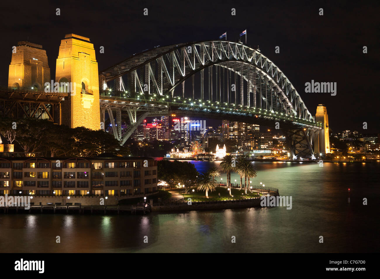 Sydney harbour bridge at dusk, Campbells Cove, Sydney, Australia Stock Photo