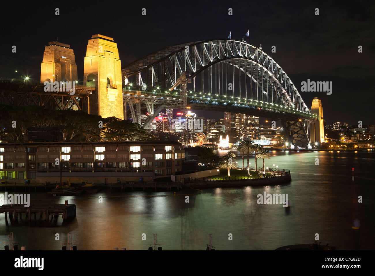 Sydney harbour bridge at dusk, Campbells Cove, Sydney, Australia Stock Photo