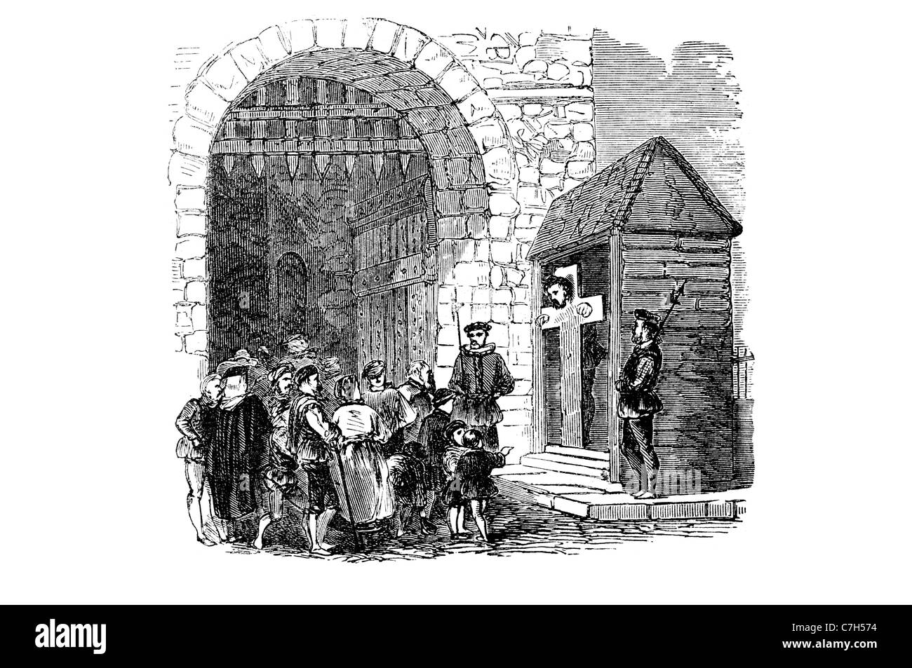 pillory gateway London bridge treason heresy medieval physical punishment public humiliation   criminal corporal crime law Stock Photo