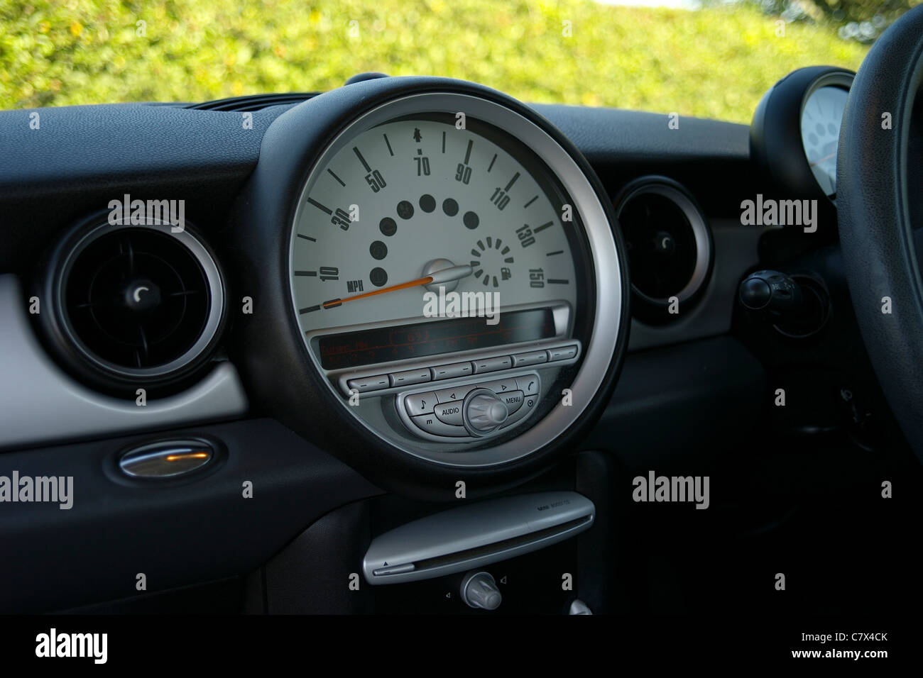 Dashboard Showing Speedometer of a BMW Mini One. Stock Photo