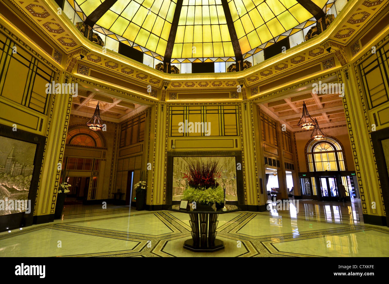 The lobby of the newly-restored Fairmont Peace Hotel on the Bund. Stock Photo