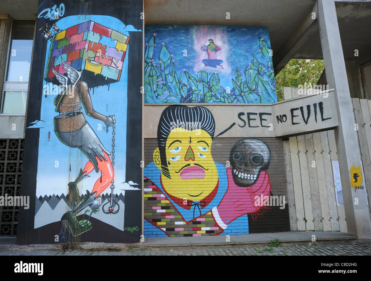 Colorful graffiti art on the wall of a derelict appartment block. A statement on youth culture. Landscape format. Stock Photo