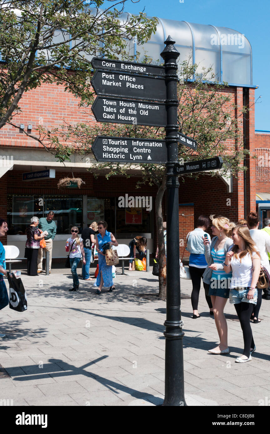 A sign post to tourist attractions in King's Lynn town centre. Stock Photo