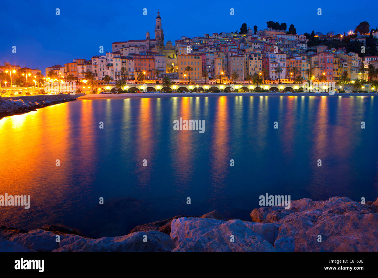 Menton, France, Europe, Côte d'Azur, Provence, Alpes-Maritimes, sea, Mediterranean Sea, beach, seashore, town, city, Old Town, h Stock Photo