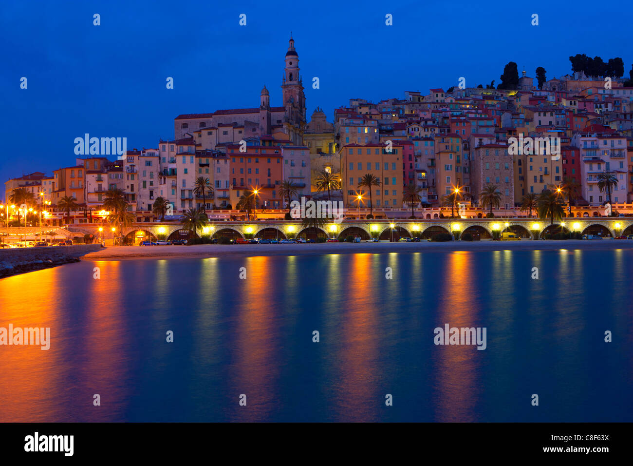 Menton, France, Europe, Côte d'Azur, Provence, Alpes-Maritimes, sea, Mediterranean Sea, beach, seashore, town, city, Old Town, h Stock Photo