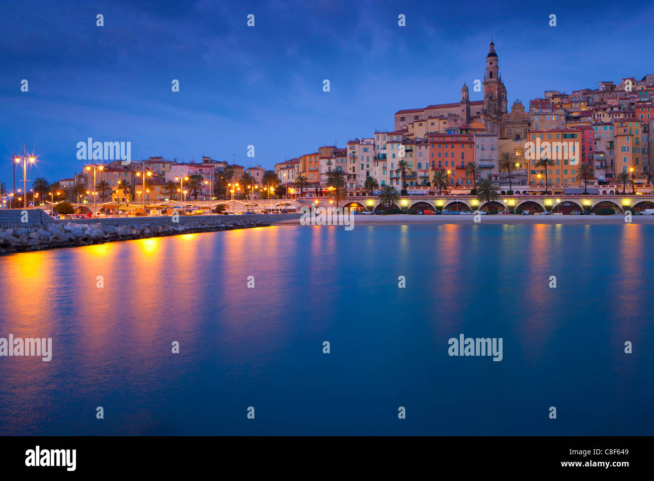 Menton, France, Europe, Côte d'Azur, Provence, Alpes-Maritimes, sea, Mediterranean Sea, beach, seashore, town, city, Old Town, h Stock Photo