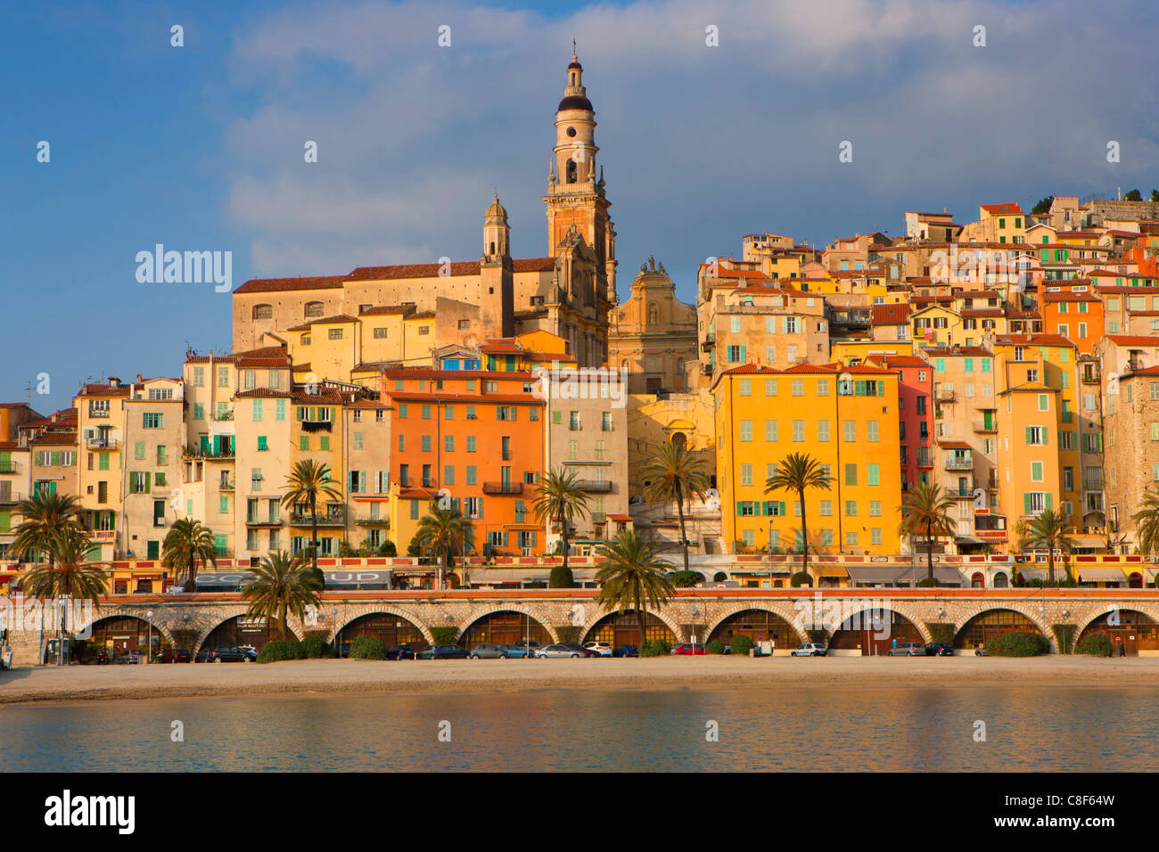 Menton, France, Europe, Côte d'Azur, Provence, Alpes-Maritimes, sea, Mediterranean Sea, beach, seashore, town, city, Old Town, h Stock Photo