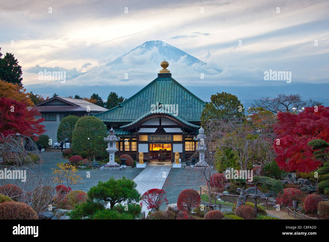 Japan, November, Asia, town, city, Gotemba, temple, mountain Fuji, Fuji, clouds, evening, mood, garden Stock Photo