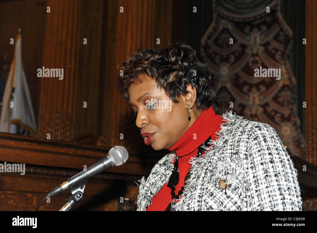 January 11, 2012 - Brooklyn, New York, USA: U.S. Congresswoman Yvette D. Clarke (Dem) of 11th Congressional District of NY, speaks at 2nd Annual Interfaith Memorial Service for Haiti, Wednesday night at Brooklyn Borough Hall. The service was held two years after the Mw 7.0 earthquake at Haiti. Stock Photo