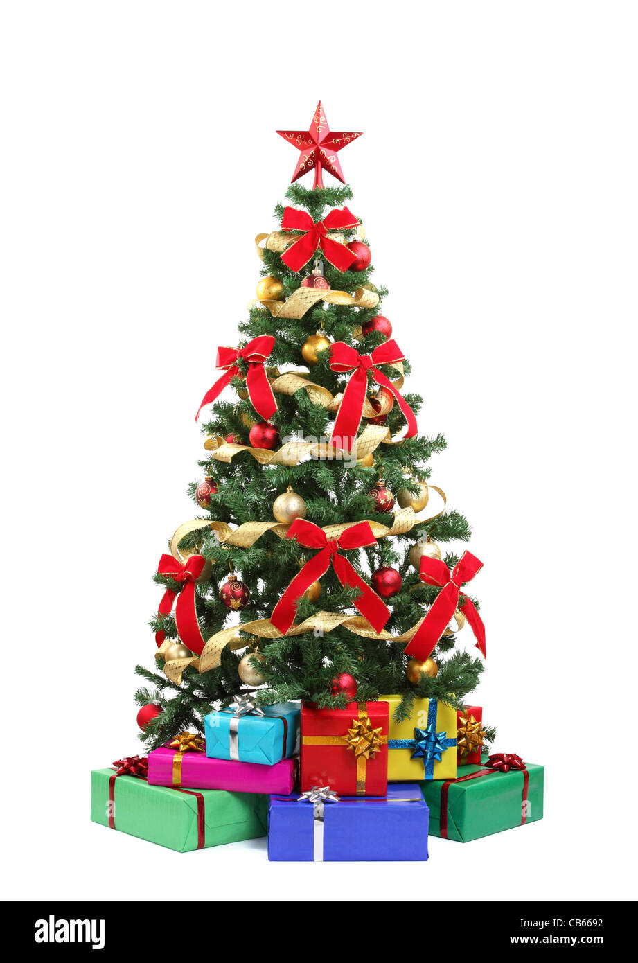 Christmas tree and gifts.Isolated on white. Stock Photo