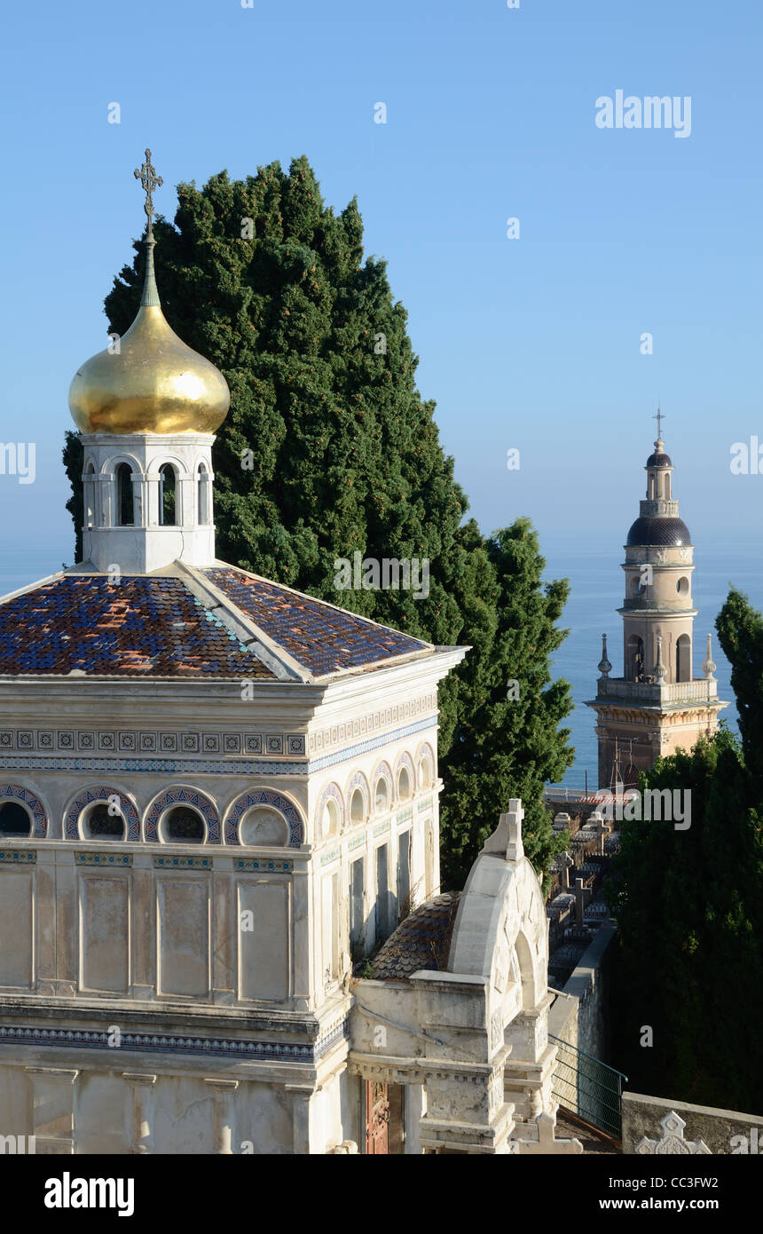 Russian Orthodox Mausoleum, Chapel, Tomb & Tower of Saint Michel Cathedral, View from the Old Cemetery or Cimetière du Vieux Château Menton France Stock Photo