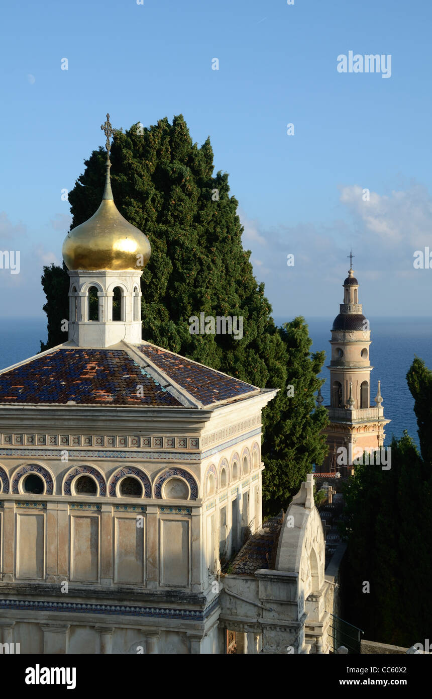 Russian Orthodox Mausoleum, Chapel, Tomb & Tower of Saint Michel Cathedral, View from the Old Cemetery or Cimetière du Vieux Château Menton France Stock Photo