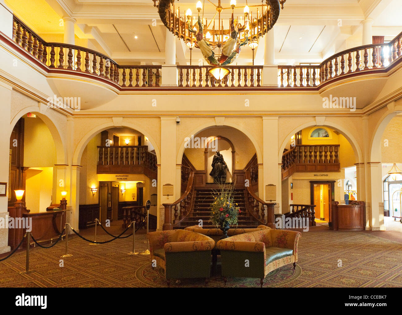 Lobby of the Fairmont Hotel, Chateau Lake Louise (1911), Lake Louise, Alberta, Canada. Stock Photo