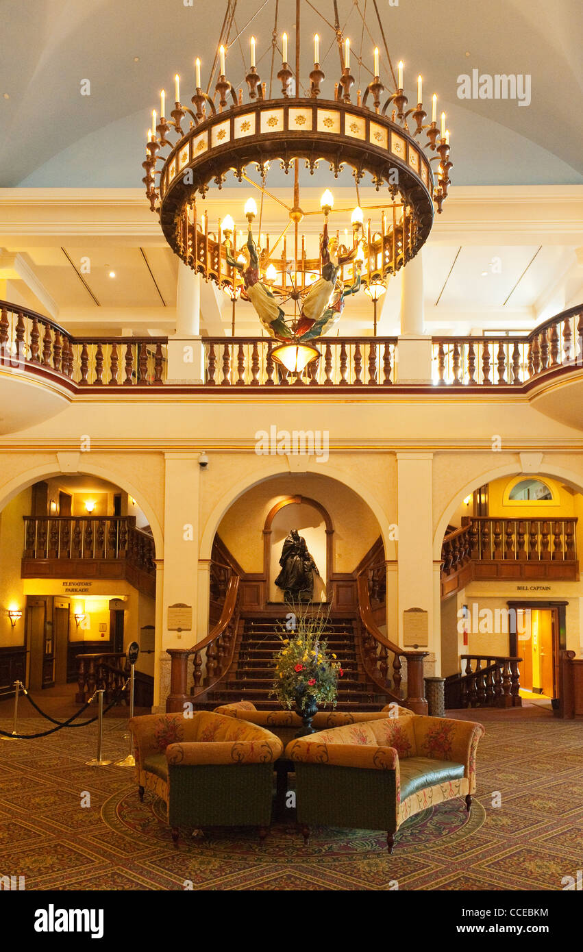 Lobby of the Fairmont Hotel, Chateau Lake Louise (1911), Lake Louise, Alberta, Canada. Stock Photo