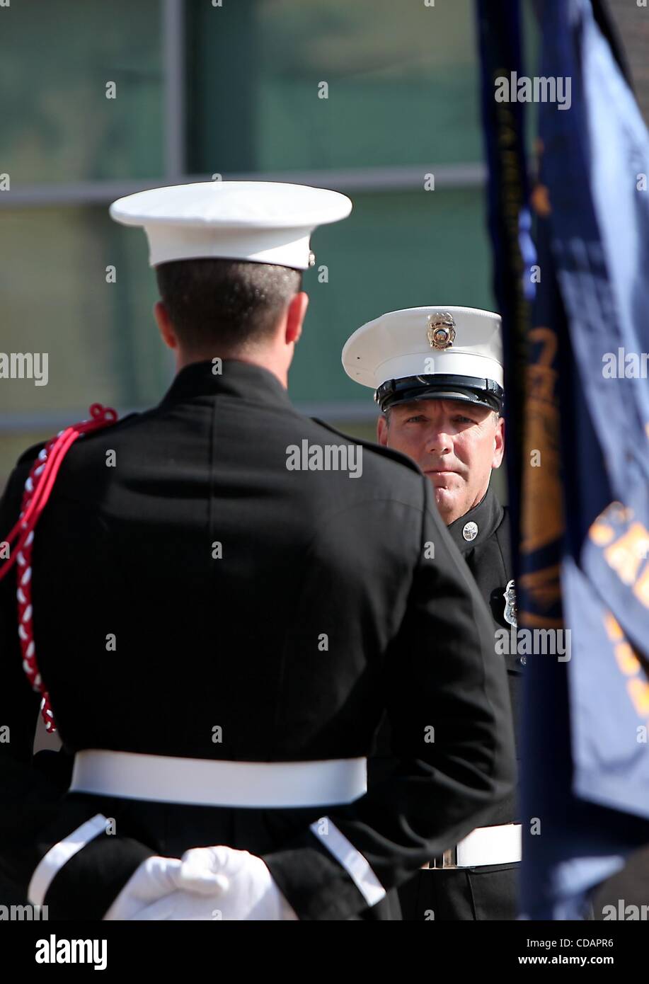 Sep 11, 2010 - Irvine, California, U.S. - Orange County Firefighter MATT HOLKE stands at parade rest as the honor fallen member of the NYFD during the 9/11 Memorial Service held at the Orange County Fire Authority Headquarters. (Credit Image: © Mark Samala/ZUMA Press) Stock Photo