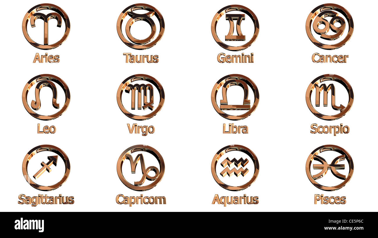 Golden zodiac signs isolated on white background Stock Photo