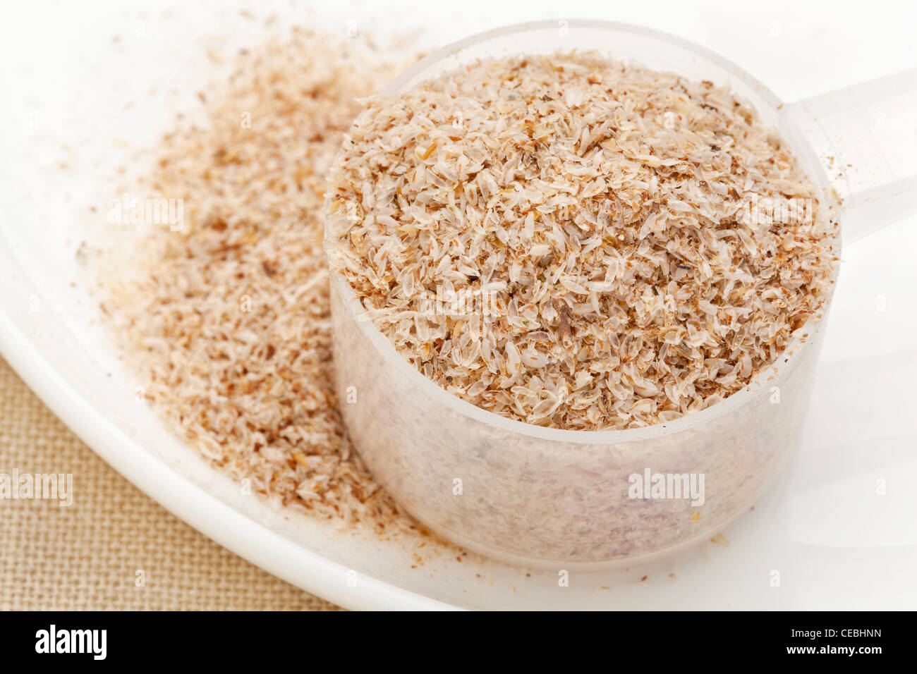 measuring plastic scoop of psyllium seed husks - dietary supplement, source of soluble fiber Stock Photo