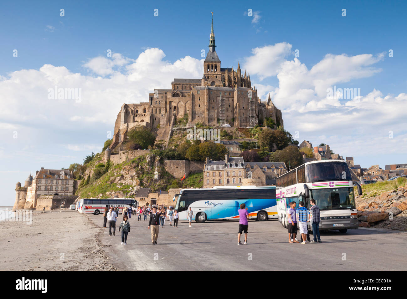 Tour coaches and tourists at Mont-St-Michel, Normandy, France. Stock Photo