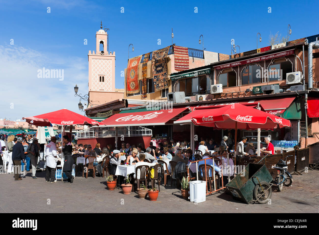 Restaurants along the edge of Djemaa el Fna sqare, Marrakech, Morocco, North Africa Stock Photo